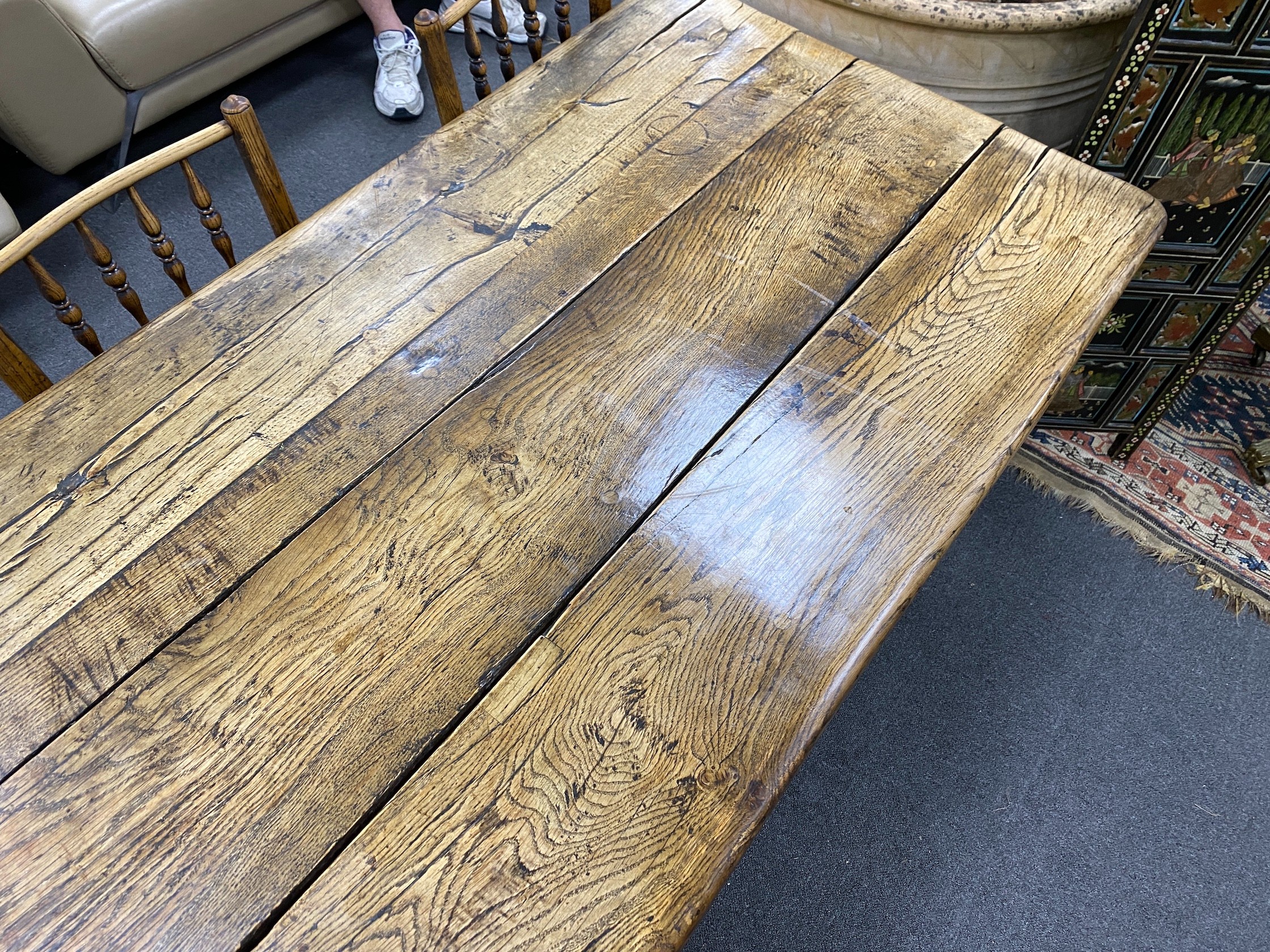 An antique oak refectory dining table, length 162cm, width 82cm, height 74cm